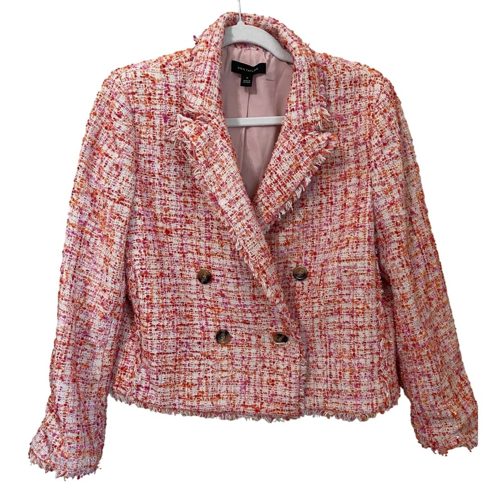 Ann Taylor Pink Orange White Tweed Cropped Blazer Double Breasted Size 10